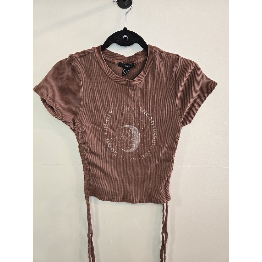 Forever‎ 21 Brown Ribbed Baby Tee Celestial Moon Graphic Ruched Y2K Top Small